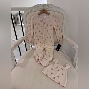 🦢 24 Mth Petit Lem Pink Floral Footed Cotton Baby Footie with Matching Bear Hat